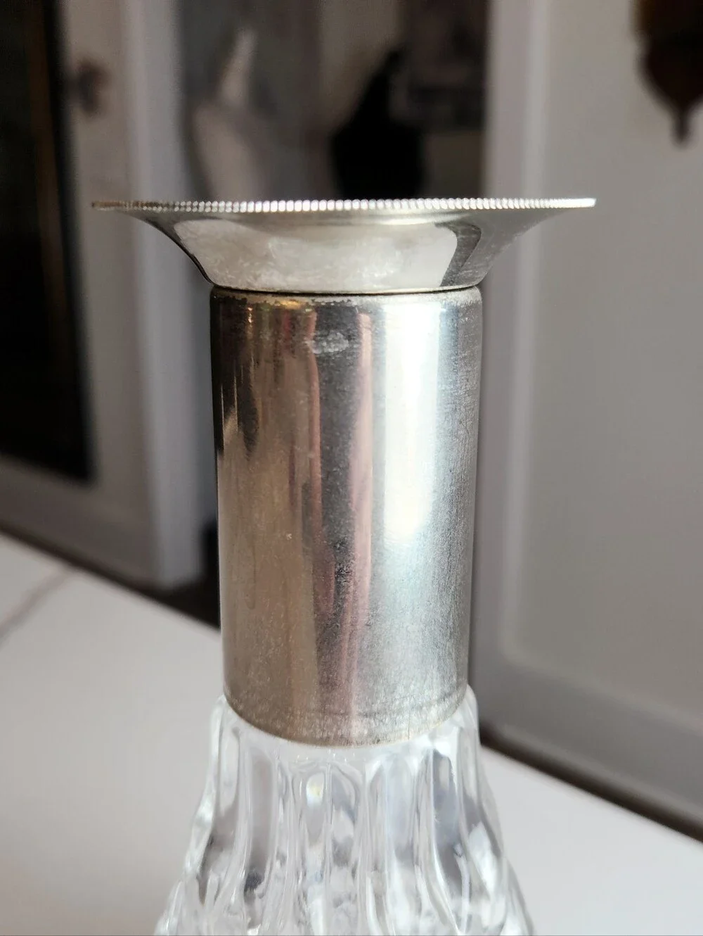 Vintage Cut Glass Ship's Captain Decanter with Silver Collar & Faceted Stopper